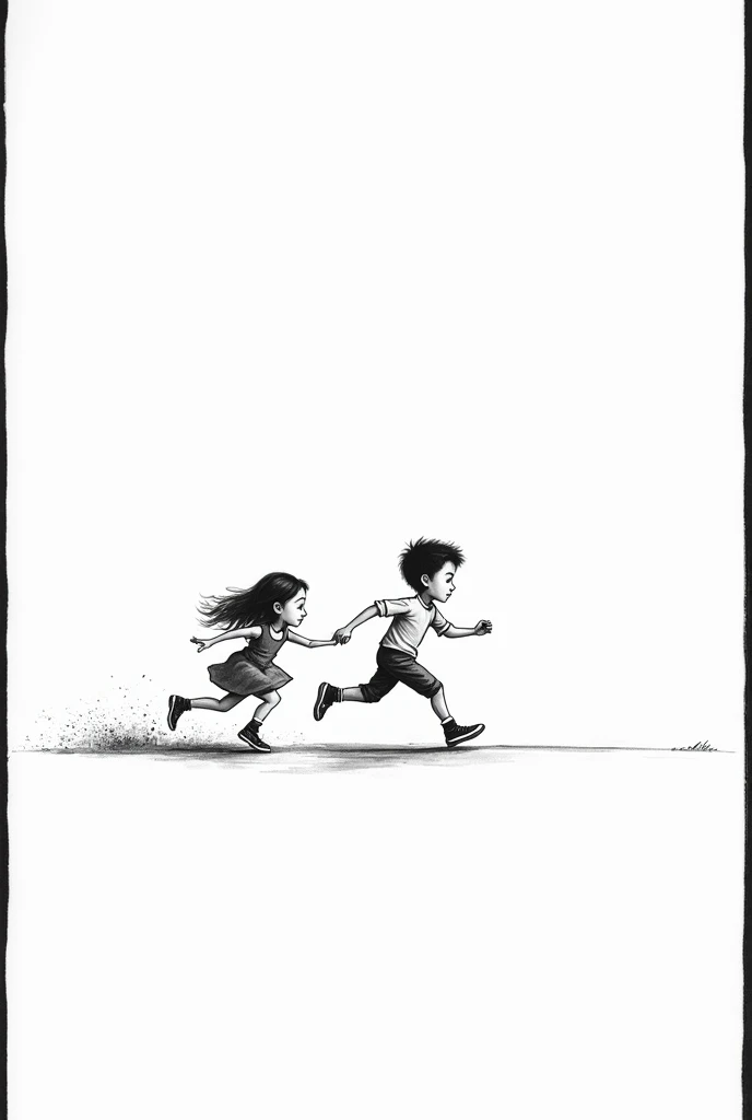 White drawing with black borders of a boy and a girl running