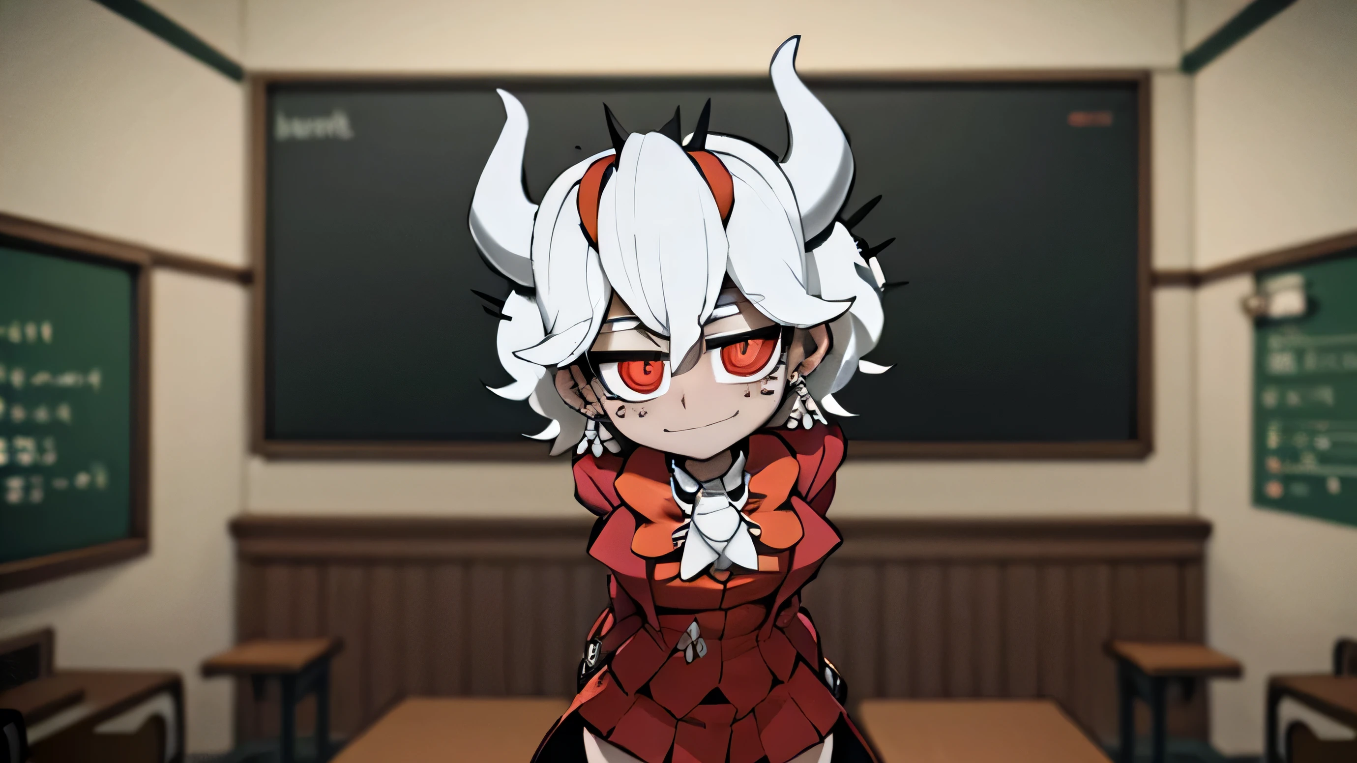 beelzebub(helltaker), red bowtie,1girl, looking at viewer, red eyes, demon horns, white hair, smile, earrings, closed mouth, demon girl, red gloves, gloves, jewelry, horns, white horns, solo, hair between eyes, cowboy shot, solo, short hair, school uniform, skirt, standing, leaning forward, arms behind back, smile, classroom