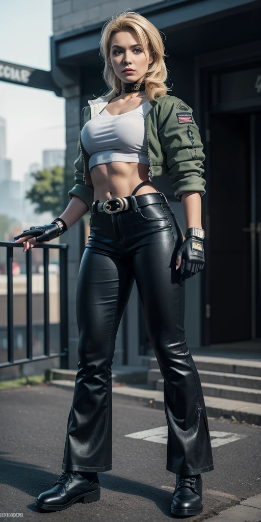 8k, masterpiece, best quality, ultra-detailed, sonyablade, 1girl, solo, long hair, blonde hair, cute blue eyes, breasts, choker, crop top, cropped green jacket, black fingerless gloves, full body, highleg panties, jacket, combat boots, lipstick, makeup, (abs:0.3), midriff, navel, black pants(Wide flares on pants:1.2),
