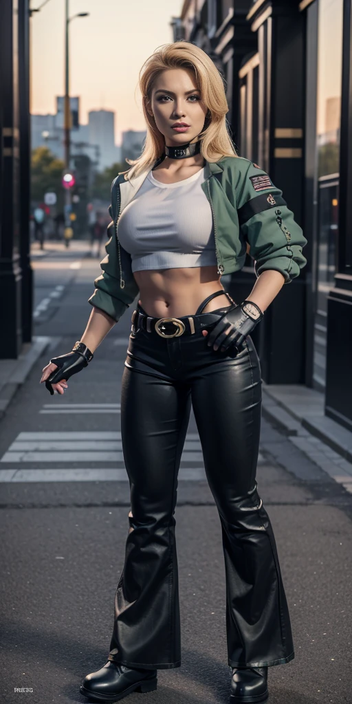 8k, masterpiece, best quality, ultra-detailed, sonyablade, 1girl, solo, long hair, blonde hair, cute blue eyes, breasts, choker, crop top, cropped green jacket, black fingerless gloves, full body, highleg panties, jacket, combat boots, lipstick, makeup, (abs:0.3), midriff, navel, black pants(Wide flares on pants:1.2),
