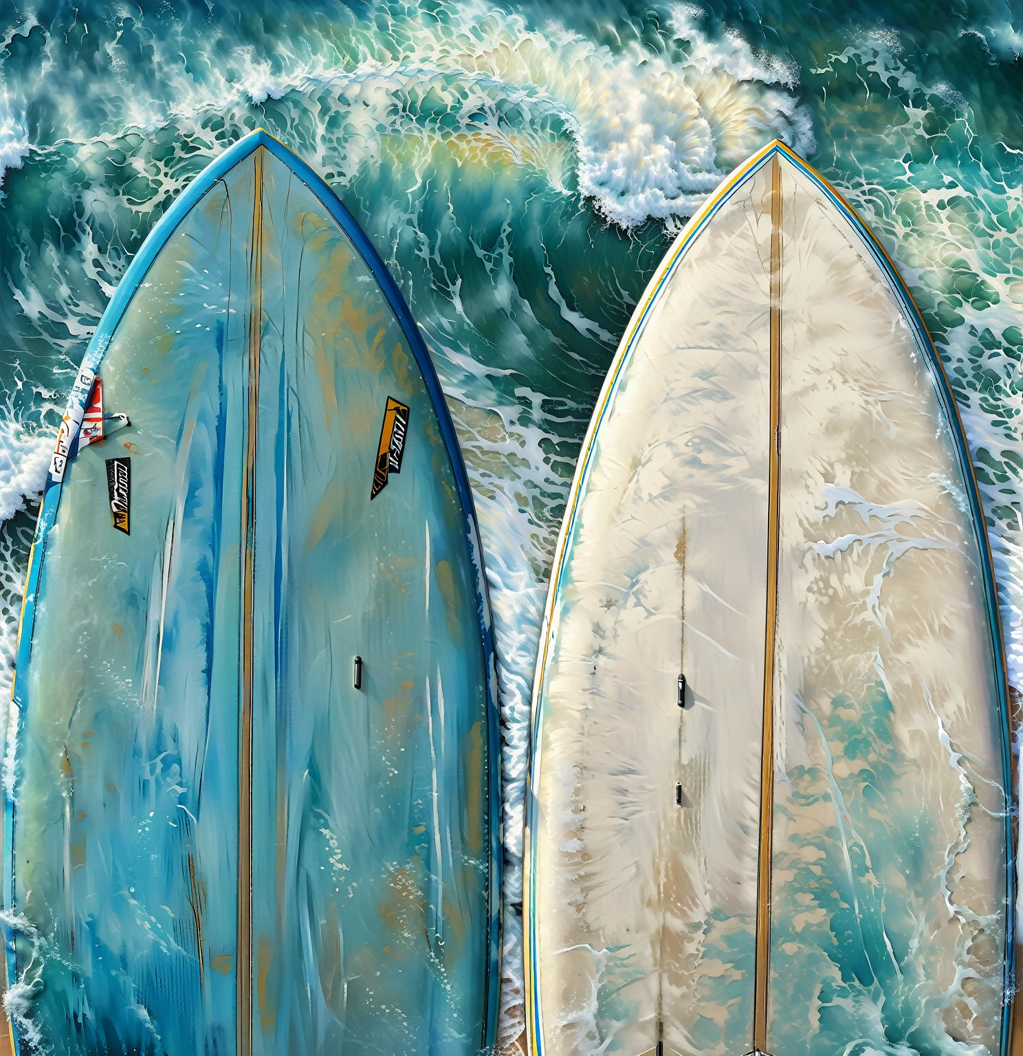 there are two surfboards standing in the sand near the ocean, surf, big wave surfing, standing on surfboards, ride the wind and waves, an oil painting. wave, big wave, ocean swells, surfing, big waves, jim warren, towering waves, digital painting highly detailed, airbrush digital oil painting, rob rey and kentaro miura style