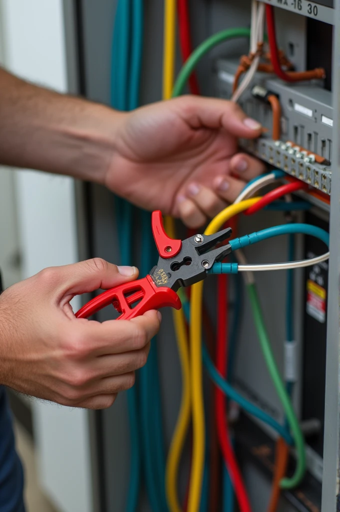 It shows an electrician fixing the colored cables with a clamp.