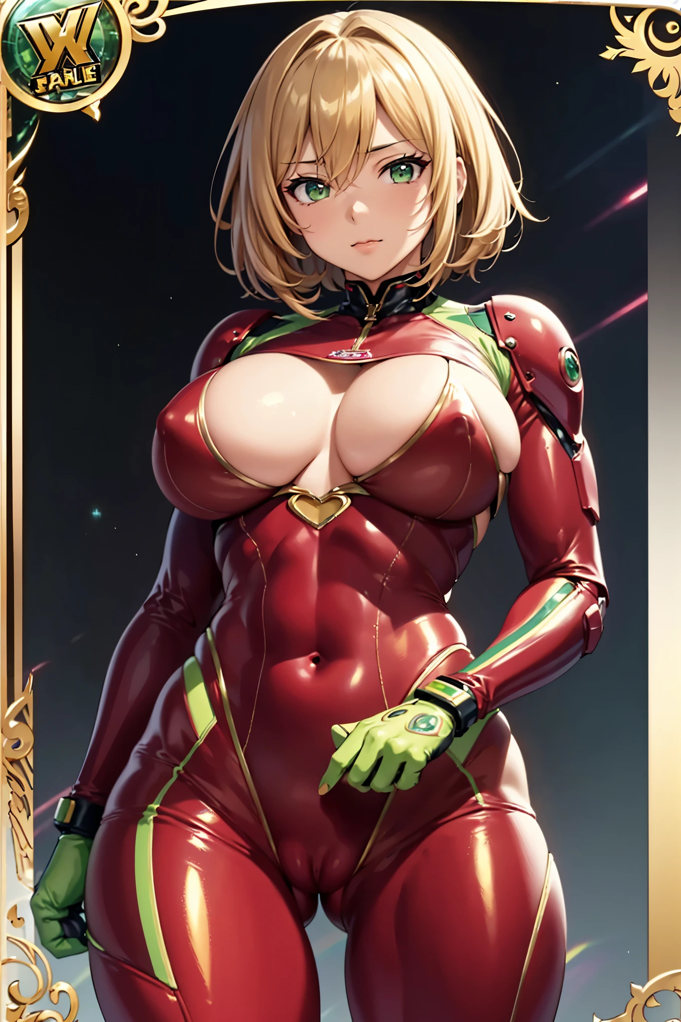 (masterpiece:1.2, Highest quality),(Very detailed),8K,wallpaper,1 female,Mature Woman,4,Sentai heroine colorful, Muscular,((light green on dark red metallic squadron suit)),(((betterhand))),(The background is aurora rainbow),Random hairstyle,Random pose,(((Beautiful female hands,detailed drawing of a hand))),cyber punk,((Beautiful trading cards,gold framed)), ((cameltoe)),