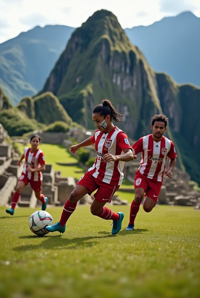 Inca Warriors in Machu Picchu playing soccer with the Peru jersey at the National Stadium with the CANVIA team