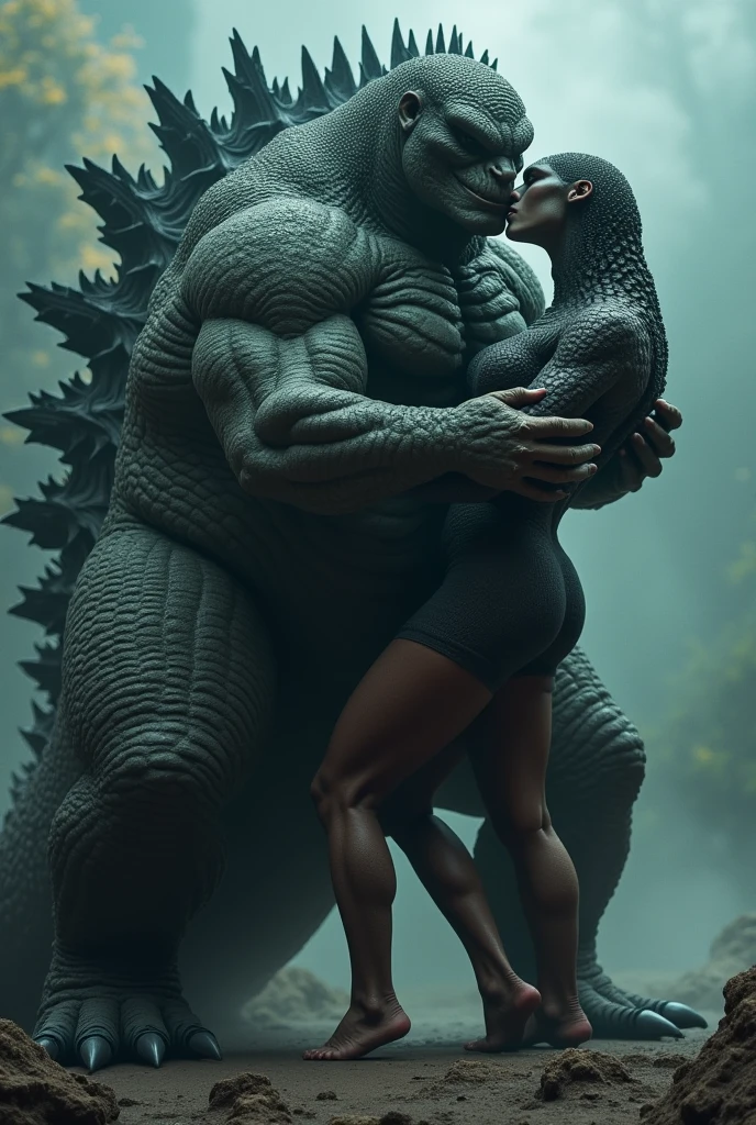 muscular large male godzilla, athletic female godzilla, godzilla mating, creature monster kaiju, hyper detailed anatomy, highly detailed scales, realistic texture, dynamic motion, dramatic lighting, moody color palette, cinematic dramatic composition