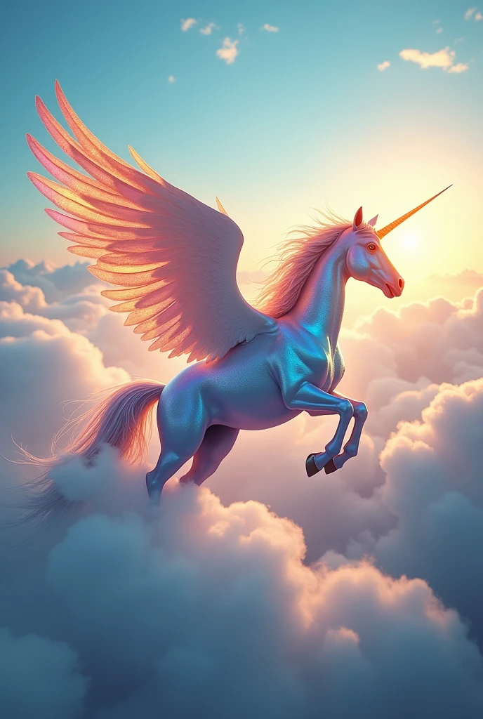 winged unicorn rainbow flying in the clouds from afar