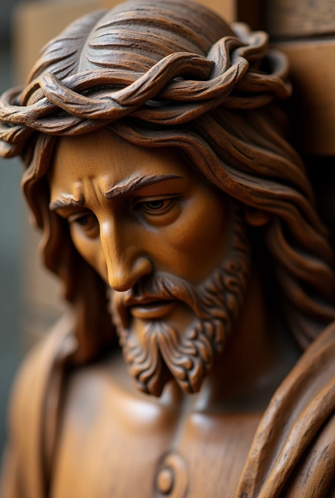 a statue of the face and shoulder of Jesus with the crown of thorns on his head carved in wood