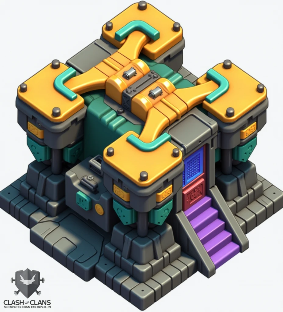 Create a metal themed clash of clan tow haul with a multi crossbow on top of it in cyan and yellow 