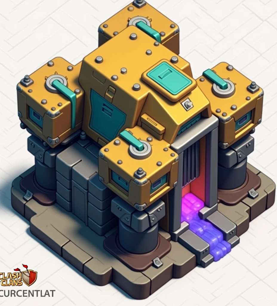 Create a metal themed clash of clan tow haul with a multi crossbow on top of it in cyan and yellow 