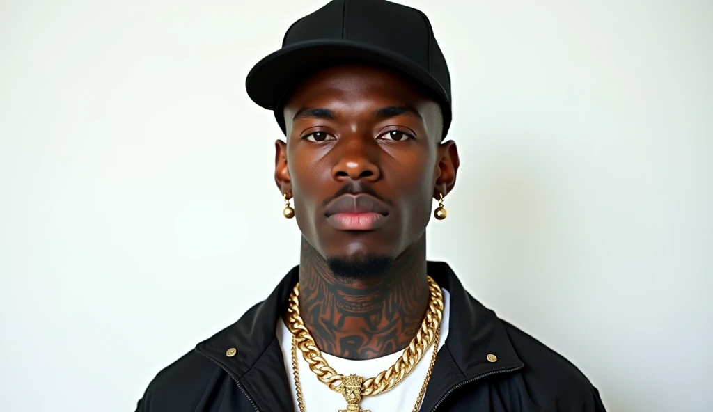 Create a hyper-realistic image, in 4K resolution, that resembles a high-quality photograph of a young black man with a contemporary streetwear style, captured in an American plane (medium-long plan) in white background. He has dark skin tone, defined facial features and a serious, confident expression. His face and neck are adorned with detailed tattoos.. He wears a black cap, gold earrings and a thick gold chain with a lion with a crown. . The image is framed from the knees up, showing off her full outfit while emphasizing the upper body details. The background is white The overall style should look like a realistic photograph, capturing every detail with precision and a natural look, as if it were taken by a professional photographer, focusing on unique style, personality and strong presence of the character.