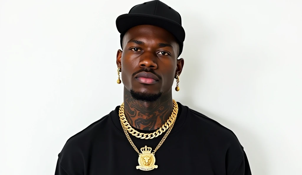 Create a hyper-realistic image, in 4K resolution, that resembles a high-quality photograph of a young black man with a contemporary streetwear style, captured in an American plane (medium-long plan) in white background. He has dark skin tone, defined facial features and a serious, confident expression. His face and neck are adorned with detailed tattoos.. He wears a black cap, gold earrings and a thick gold chain with a lion with a crown. . The image is framed from the knees up, showing off her full outfit while emphasizing the upper body details. The background is white The overall style should look like a realistic photograph, capturing every detail with precision and a natural look, as if it were taken by a professional photographer, focusing on unique style, personality and strong presence of the character.