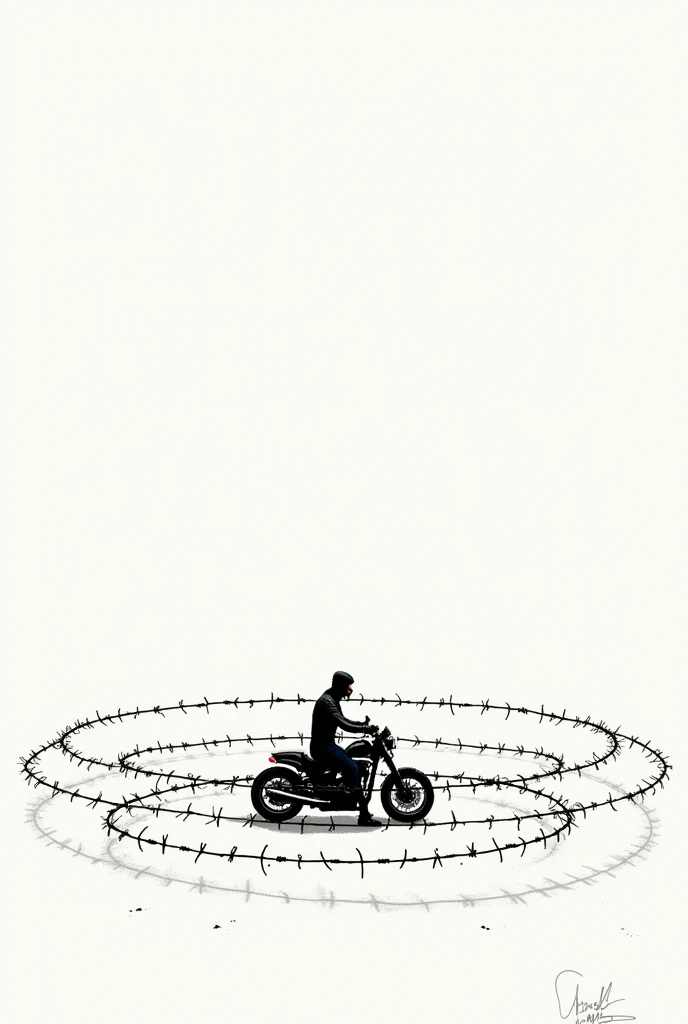 Person on motorcycle in the center of a barbed wire circle sketch, bottomless,