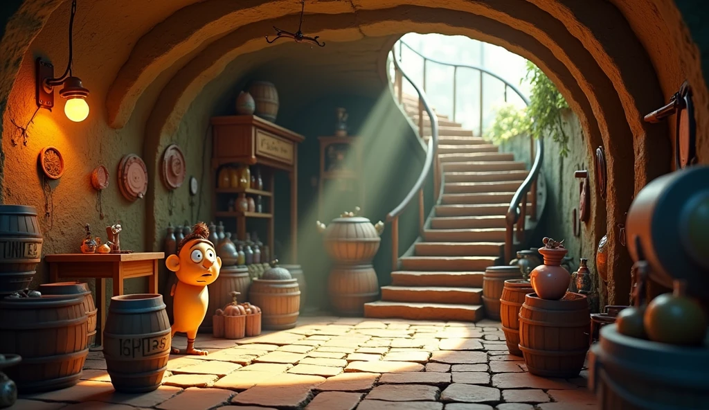 Im Stil von 3D-Animationmsfilmen (Caricature). An ordinary cellar.