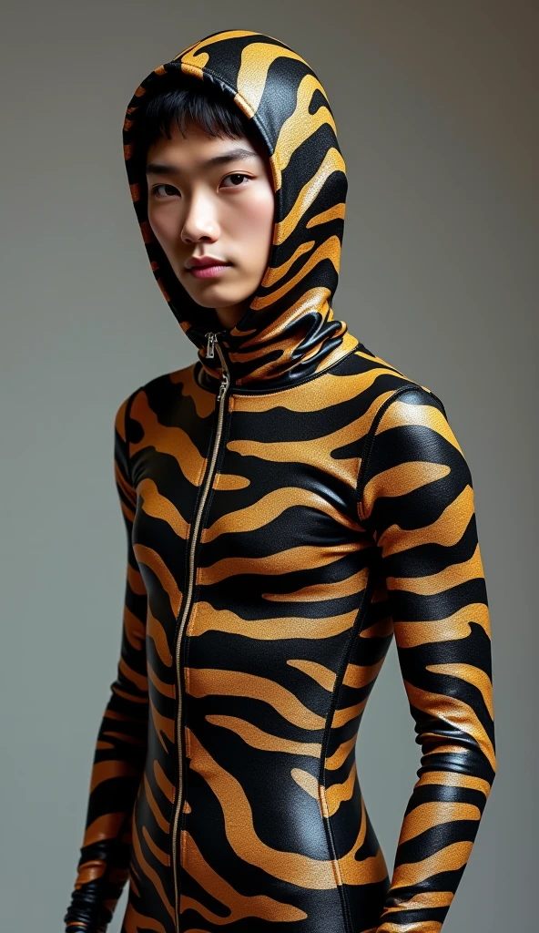 A most handsome and thin Asian chinese boy wears zebra print Lycra turtleneck unitard catsuit covered with zebra stripes.He always wear zebra Lycra dancewear hijab-like hood.He has handsome cheeks on his face.