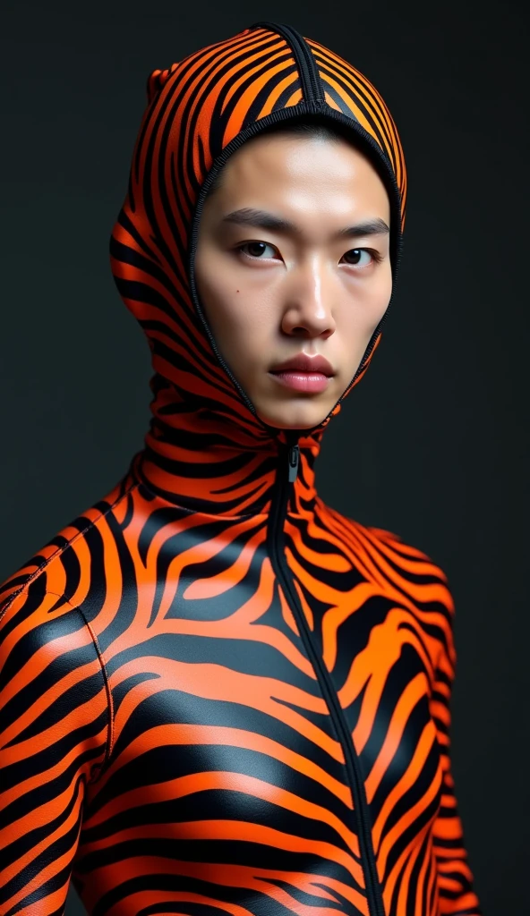 A most handsome and thin Asian chinese boy wears zebra print Lycra turtleneck unitard catsuit covered with zebra stripes.He always wear zebra Lycra dancewear hijab-like hood.He has handsome cheeks on his face.