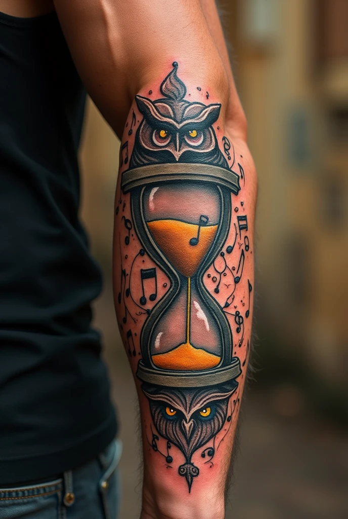 wisdom, time and music tattoo for man's arm