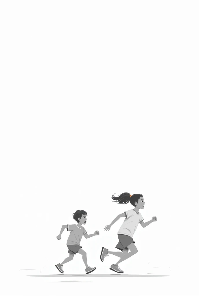 White drawing with black borders of a boy and a girl running separately