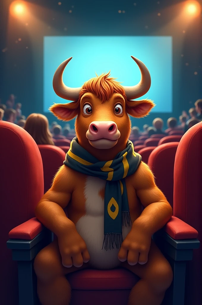 Drawing of a bull with a black and yellow scout scarf watching a movie in a cinema