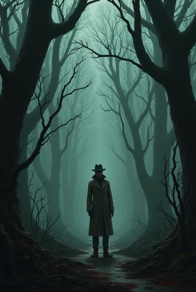 Detective in the middle of a macabre forest 