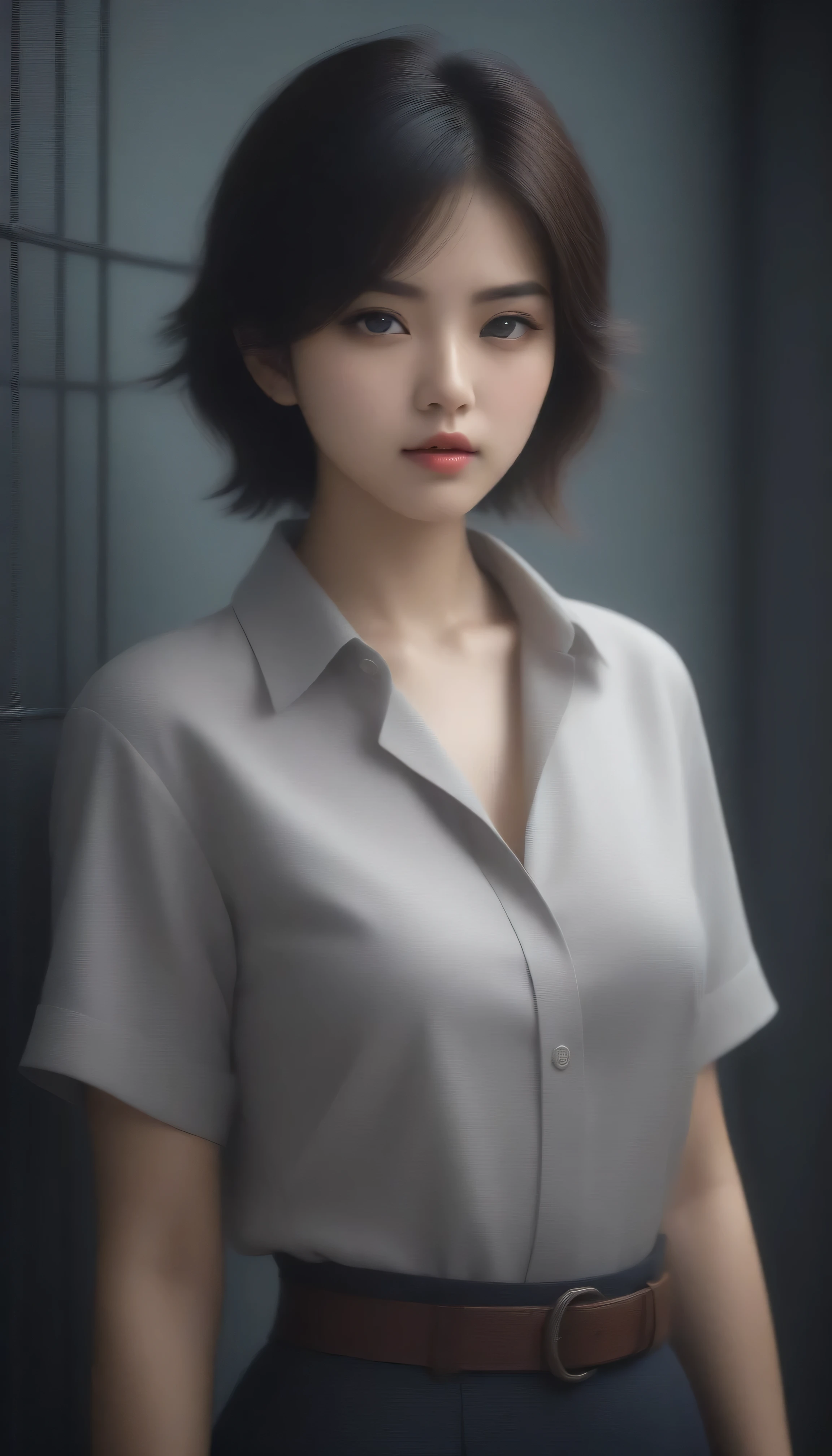 8k, Ultra-high resolution, Highest quality, masterpiece, Rule of thirds photograph,surreal, photograph, 1 , (:1.3), cute, cute face, Beautiful Eyes in Every Detail, Detailed,masterpiece,One Girl:1.2,Japanese women,student,cowboy shot,glaring,Black short hair,messy hair,(Dirty uniform:1.3),Leaning against the wire mesh,Glare,Blue Collar,Factory wall,(Beautiful attention to detail),Subtle details, Detailed face,anger,Attractive eyes,(Portrait photograph:1.4),(Photorealistic images:1.4),Fantasy art,(Beautiful Face:1.4),Beautiful and Attractive eyes、Beautiful Eyes、Grayscale 16Bits,(Tight waist:1.4)、(Beautiful with perfect body proportions:1.4),Pink Lips,Looking at the audience,(((Ideal body type))),A-cup small breasts :2,、Portraiture:2、Perfect Anatomy、Vividly detailed、detailed,Fashion magazine cover,Thin lips,Perfect and beautiful face ,完璧でcute face, Skin with attention to detail, Perfect limbs、Narrow waist,surreal,Light and shadow,backlighting