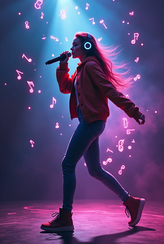 Teenage singer who dances with headphones and notes come out in the air