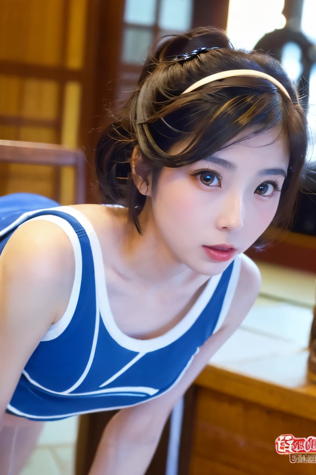 Masterpiece, photogravure, highest quality, clear contours, (One Girl, alone), Japanese woman, 30 years old, lipstick, cute face, detailed face, beautiful eyes, detailed eyes, focus on the eyes, bob hair, Anatomically correct body structure, wearing body-fitting costumes, getting on all fours, lifting butts, shot from the front