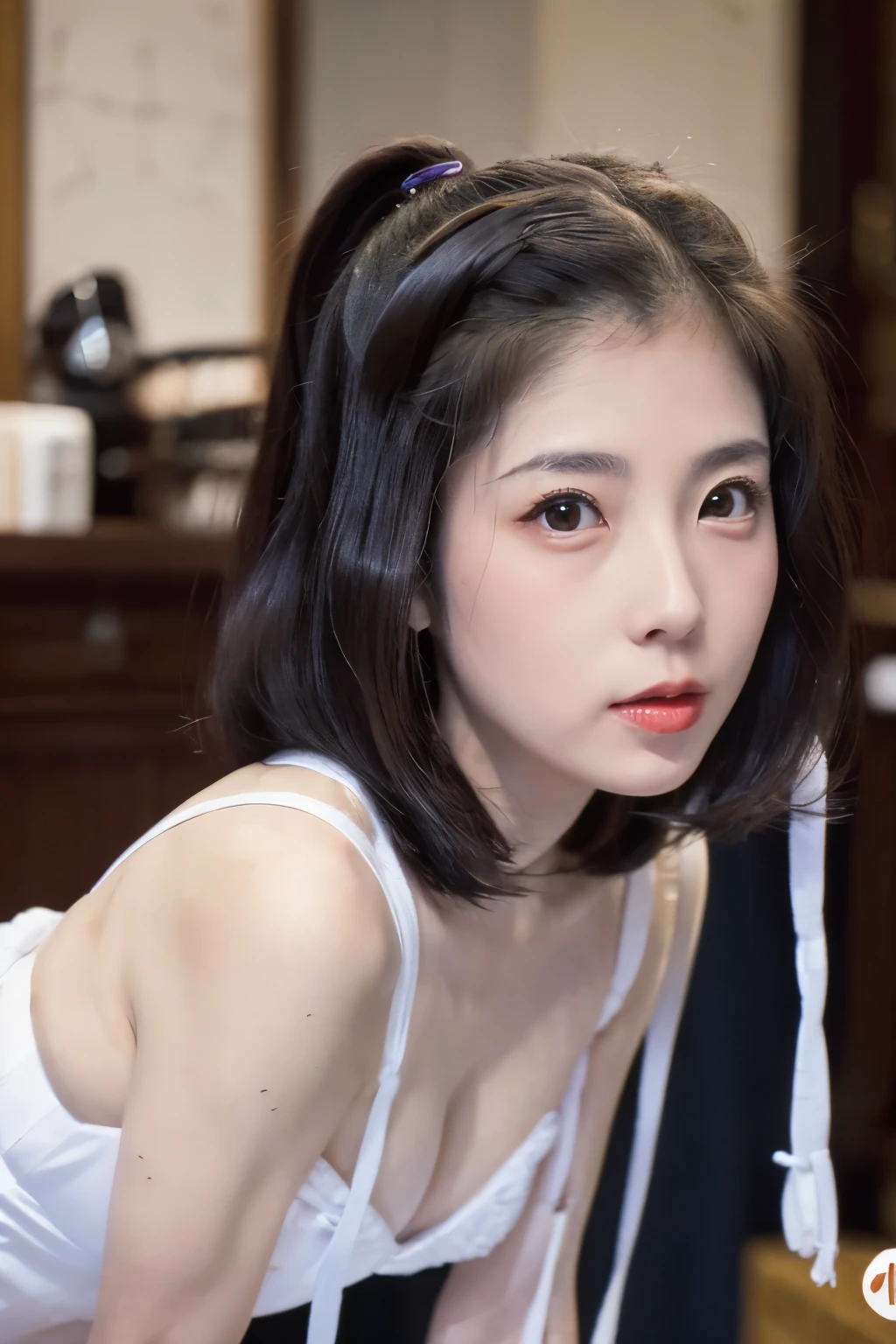 Masterpiece, photogravure, highest quality, clear contours, (One Girl, alone), Japanese woman, 30 years old, lipstick, cute face, detailed face, beautiful eyes, detailed eyes, focus on the eyes, bob hair, Anatomically correct body structure, wearing body-fitting costumes, getting on all fours, lifting butts, shot from the front