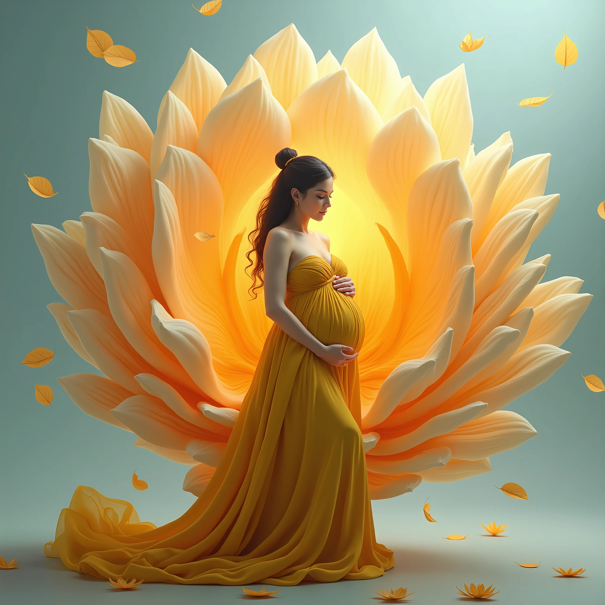 pregnant woman in yellow  dress standing in a large flower, digital art inspired by Igor Kieryluk, trending on cg society, digital art, maternal photography 4 k, perky woman made of petals, pregnant belly, stunning elegant pose, flower goddess, lady with glowing flowers dress, maternity feeling, dressed in a flower dress, photo manipulation, beautiful and graceful, pregnant, leaf flowing in air