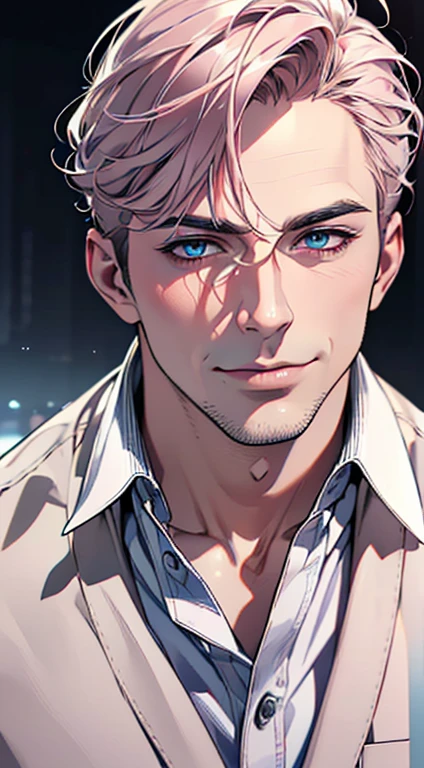 (best quality,4k,8k,highres,masterpiece:1.2),ultra-detailed,(realistic,photorealistic,photo-realistic:1.37),1 man,3,mature man,very handsome,without expression,smile,short grey pink hair,blue eyes,penetrating gaze,perfect face without errors,imposing posture,businessman,office background,cinematic lighting,hdr image