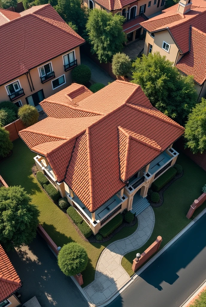 An aerial view of the LATINA house highlighting its unique design in the neighborhood, or close-ups of exclusive architectural details and high-quality finishes. a Latin house, is a house not with gabled roofs, they are super close