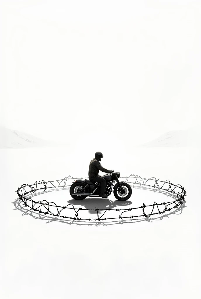 Person on motorcycle in the center of a barbed wire circle sketch, bottomless,