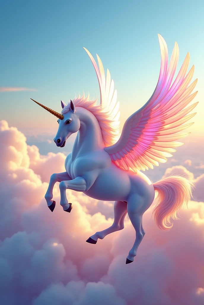 winged unicorn onchao rainbow flying in the clouds from afar 