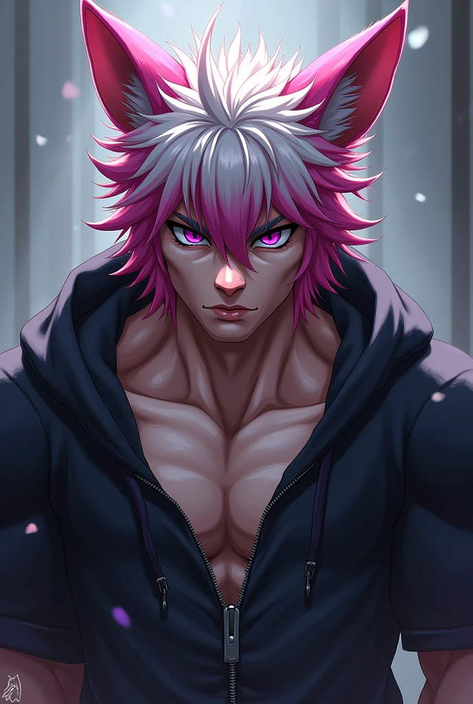 Chico macho anime furry, dark purple eyes, messy white and pink hair, hoodie, with a serious face