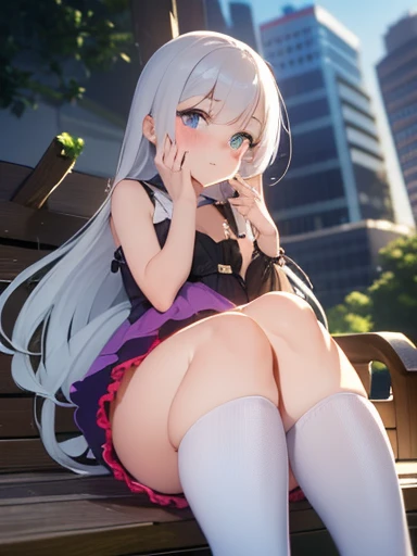 One Girl，Thick thighs,flatらな胸, whole body, Head to Toe Frame, flat, Thin thighs, Bloomers, , を見せる( ), Outdoor, cute girl, cute , Avoid One Piece，String panties，Place your fingers on your panties、stick out、shifting，whole body，Highest quality
