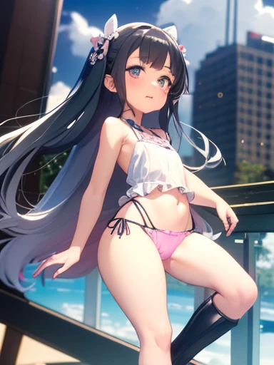 One Girl，Thick thighs,flatらな胸, whole body, Head to Toe Frame, flat, Thin thighs, Bloomers, bend over, Buttを見せる( Butt), Outdoor, cute girl, cute , Avoid One Piece，String panties，Place your fingers on your panties、stick out、shifting，whole body，Highest quality