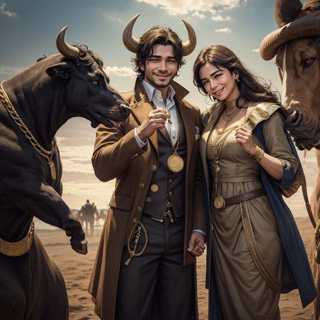 A breed of human and bull standing while holding a coin with a smile and another human and bull breed crying while holding the coin