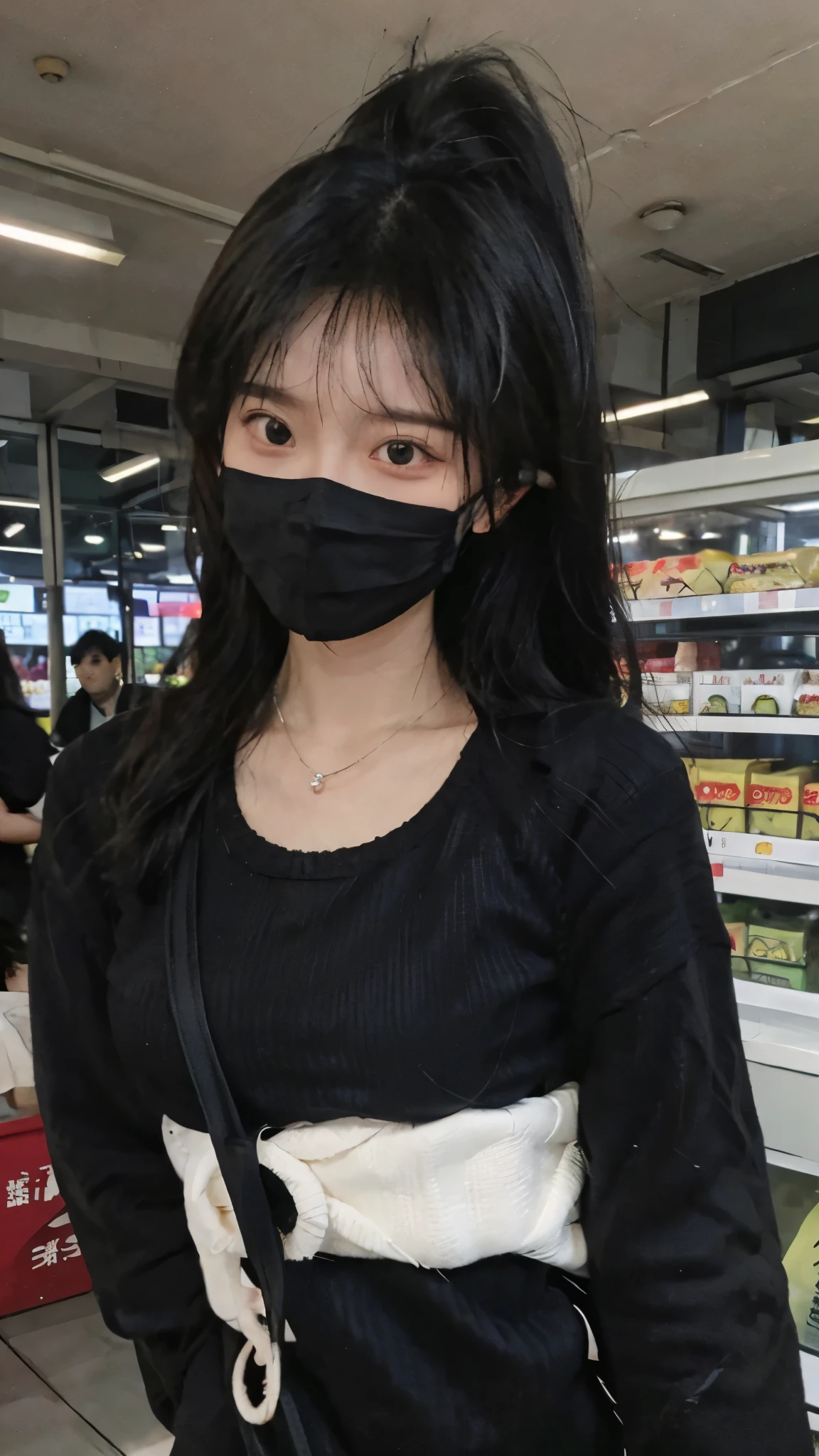 黑色wear mask，Best quality，黑色wear mask，Ultra-high resolution，(Reality:1.4)，（黑色wear mask:1.4），Cute hairpins，girll，Cropped black sweater，wear mask，Look directly at the audience，Full of atmosphere，Beautiful woman with a slim figure:1.4，黑色wear mask，supermarket，whole body，Super delicate face，Exquisite eyes，Double eyelids，necklace，黑色wear mask，