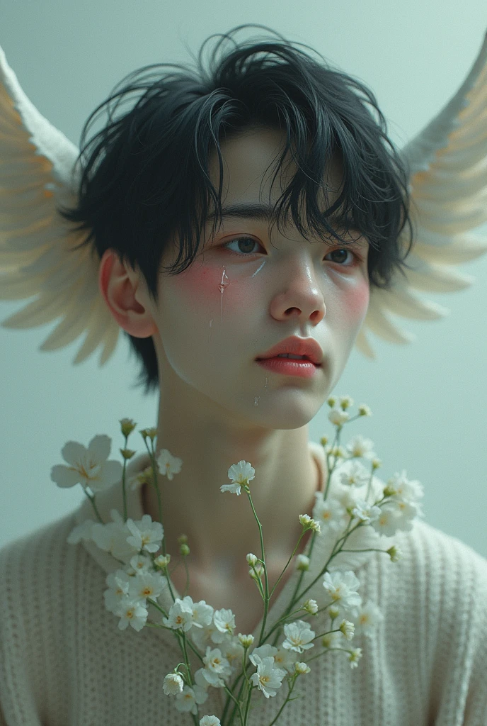 man with feather ears, crying surreal tears, with flowers coming out of the collar of her sweater