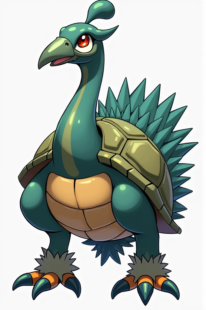 make a pokemon with a peacock neck and head, shoebill beak, turtle shell, peacock tail and hedgehog, cassowary legs, eagle eyes and claws
