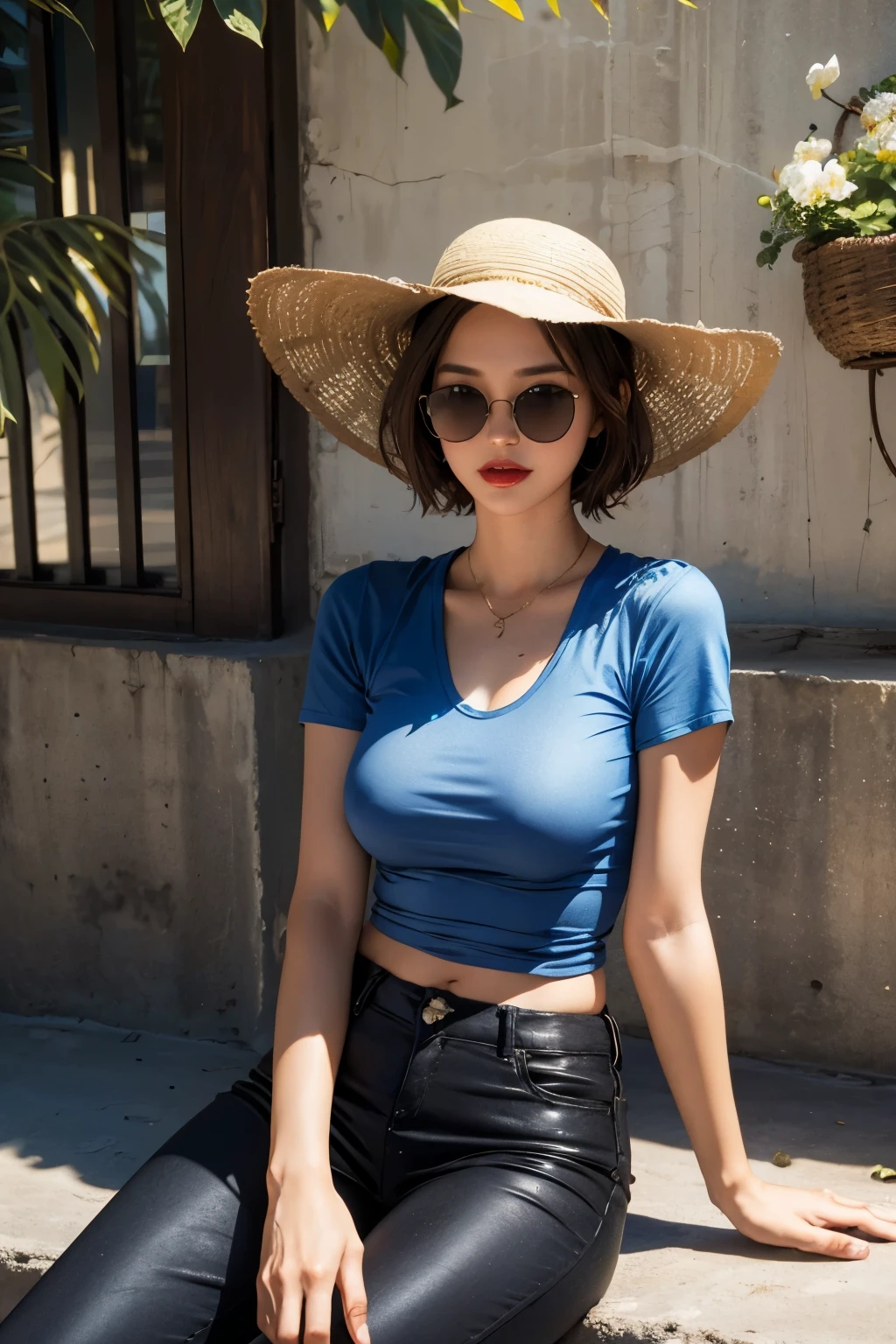 1girl, brown hair, short hair, sunglasses, sun hat with a flower in it, blue tshirt, black pants, blue sports shoes, lipstick, red lips, big breasts