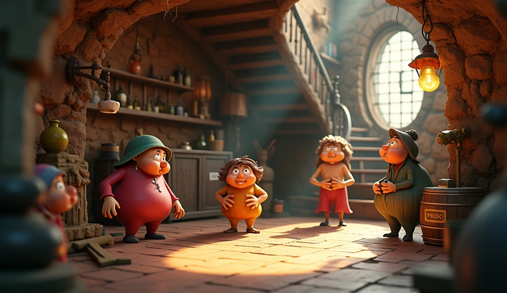 Im Stil von 3D-Animationmsfilmen (Caricature). An ordinary cellar.
