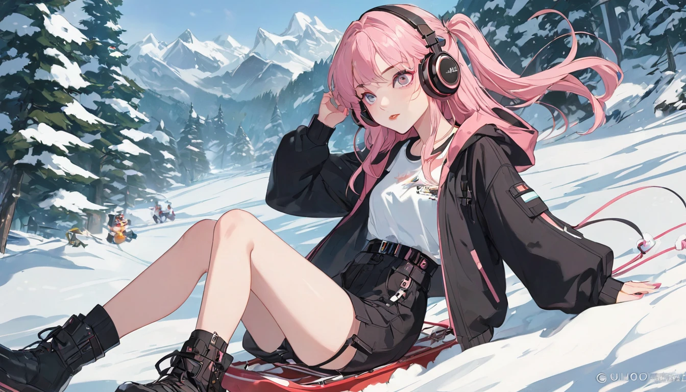 anime girl with pink hair wearing headphones and looking at a sled, anime styling 4 k, non-style artwork by guweiz, 8K anime art wallpaper, 4k anime art wallpaper, 4K anime art wallpaper, lofi portoRait, lofi girl, anime styling. 8k, melhor anime wallpaper 4k konachan, anime wallpaper 4k