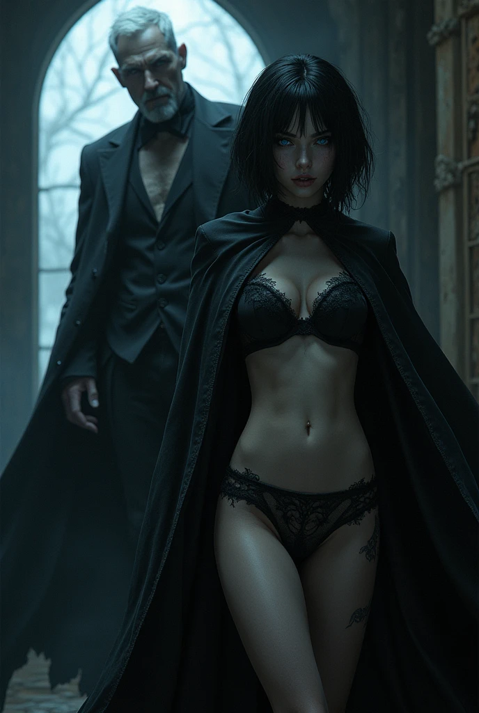 Dark short haircut blue eyes vampire girl lingerie panties stockings cape goes to her grandfather and orders him to tear off a steel armored door and she smashes it and bends it like butter 