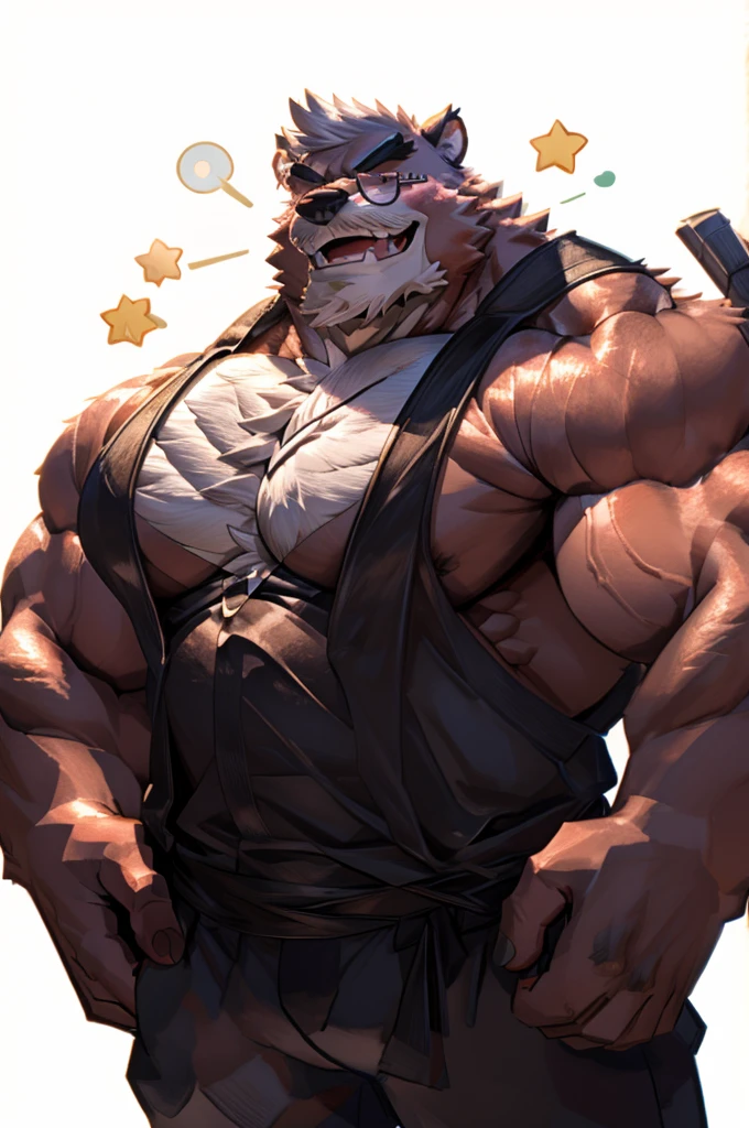 1boy, 1man, solo, a (furry kumatetsu) standing, (face, detailed face, glasses), white background , front view, massive muscular , sixpack, (white tanktop and black pants), well-muscled old man. ((thick arms, huge pec, huge arms)), wide smiling. Add textures and details to make the image more realistic, such as the appearance of the. Make sure the resulting image is high resolution, 8K quality