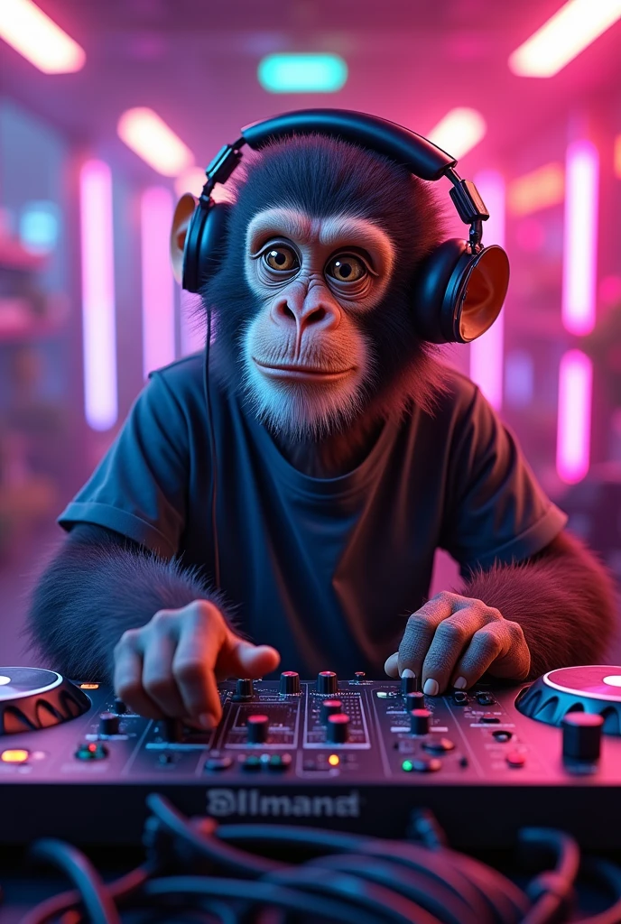A monkey with headphones and a DJ mixer