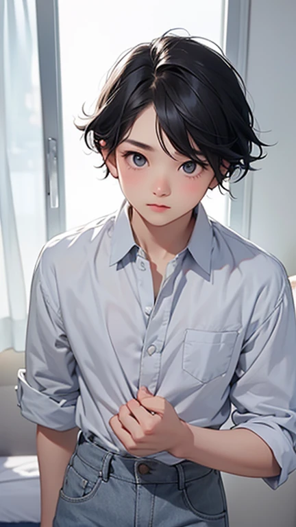 Highest quality、Realistic、zoom、juvenile、cute、Grey Eyes、Black Hair、short hair、Upper body naked、Light blue briefs、Bedroom、Cowboy Shot