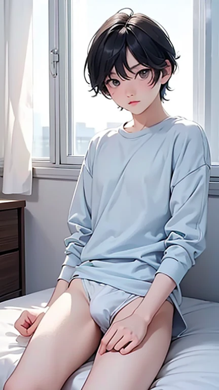 Highest quality、Realistic、zoom、juvenile、cute、Grey Eyes、Black Hair、short hair、Upper body naked、Light blue briefs、Bedroom、Cowboy Shot