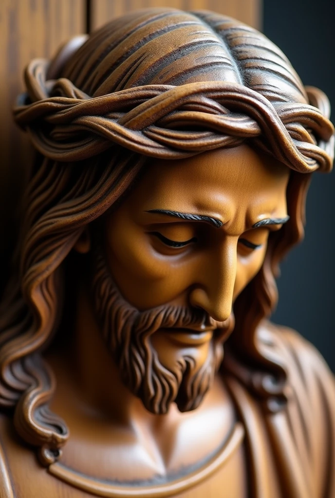 a statue of the face and shoulder of Jesus with the crown of thorns on his head carved in wood