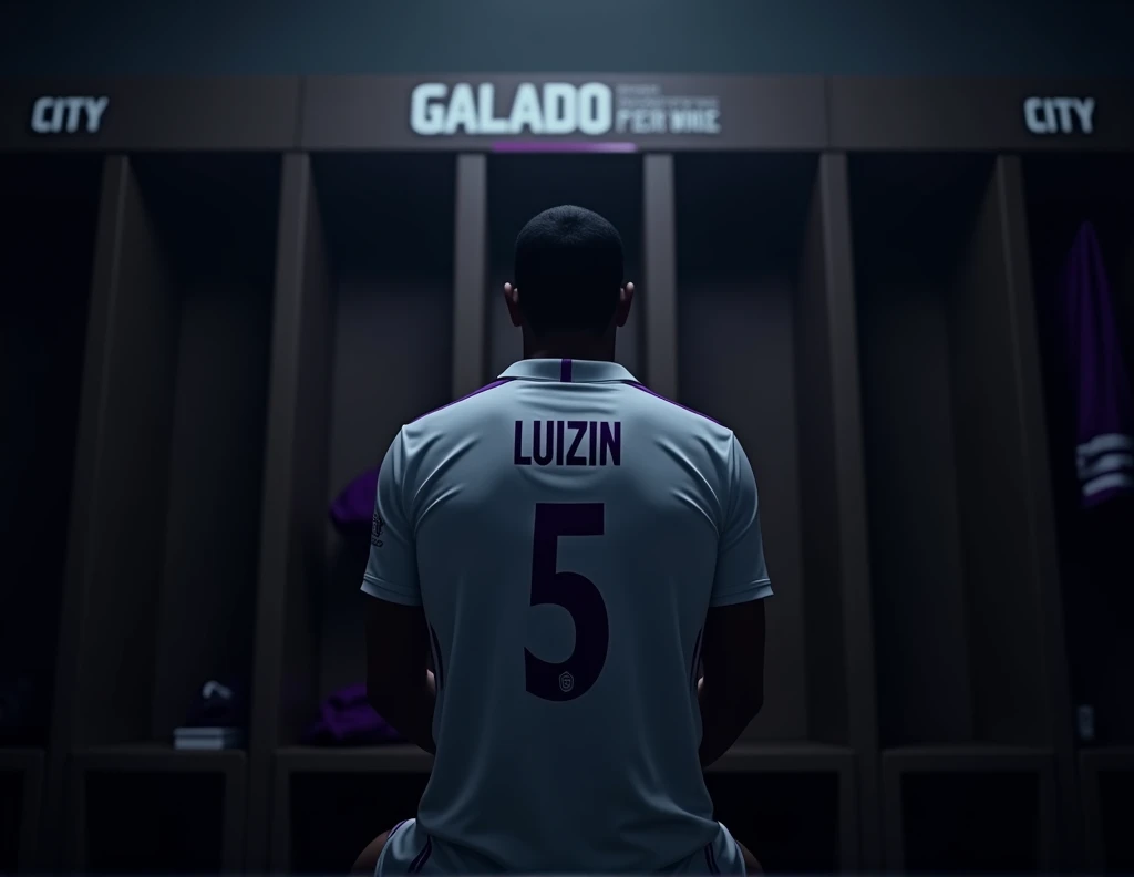 mysterious player sitting in the locker room ( the cabin must contain a sign with the name GALADOS CITY ) in the cabin it must contain the shirt of this player which is white with minimalist purple details on the collar and on the sleeve the shirt number is five with the name of the player which is LUIZIN. The mystery player should not be visible, only his silhouette should be visible.. All ambient light must be off, only one light must be on above the sign so that only the team's shirt and sign are visible..