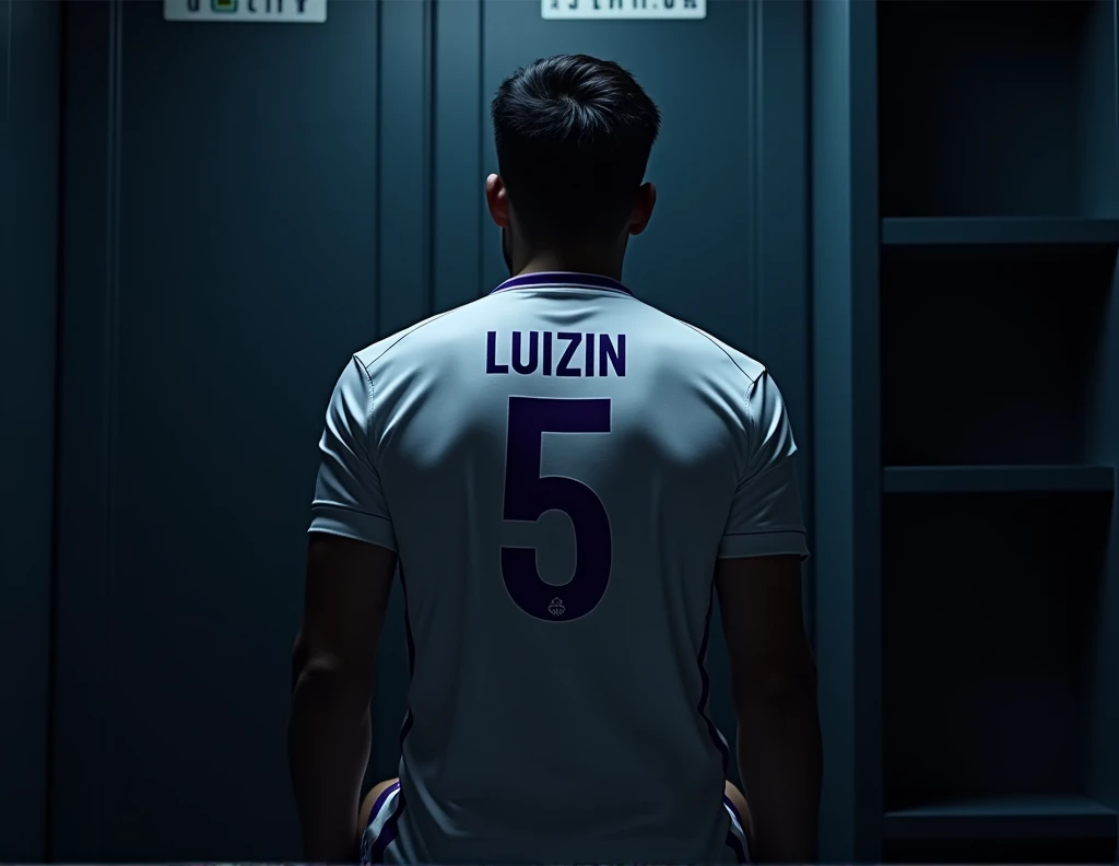 mysterious player sitting in the locker room ( the cabin must contain a sign with the name GALADOS CITY ) in the cabin it must contain the shirt of this player which is white with minimalist purple details on the collar and on the sleeve the shirt number is five with the name of the player which is LUIZIN. The mystery player should not be visible, only his silhouette should be visible.. All ambient light must be off, only one light must be on above the sign so that only the team's shirt and sign are visible..